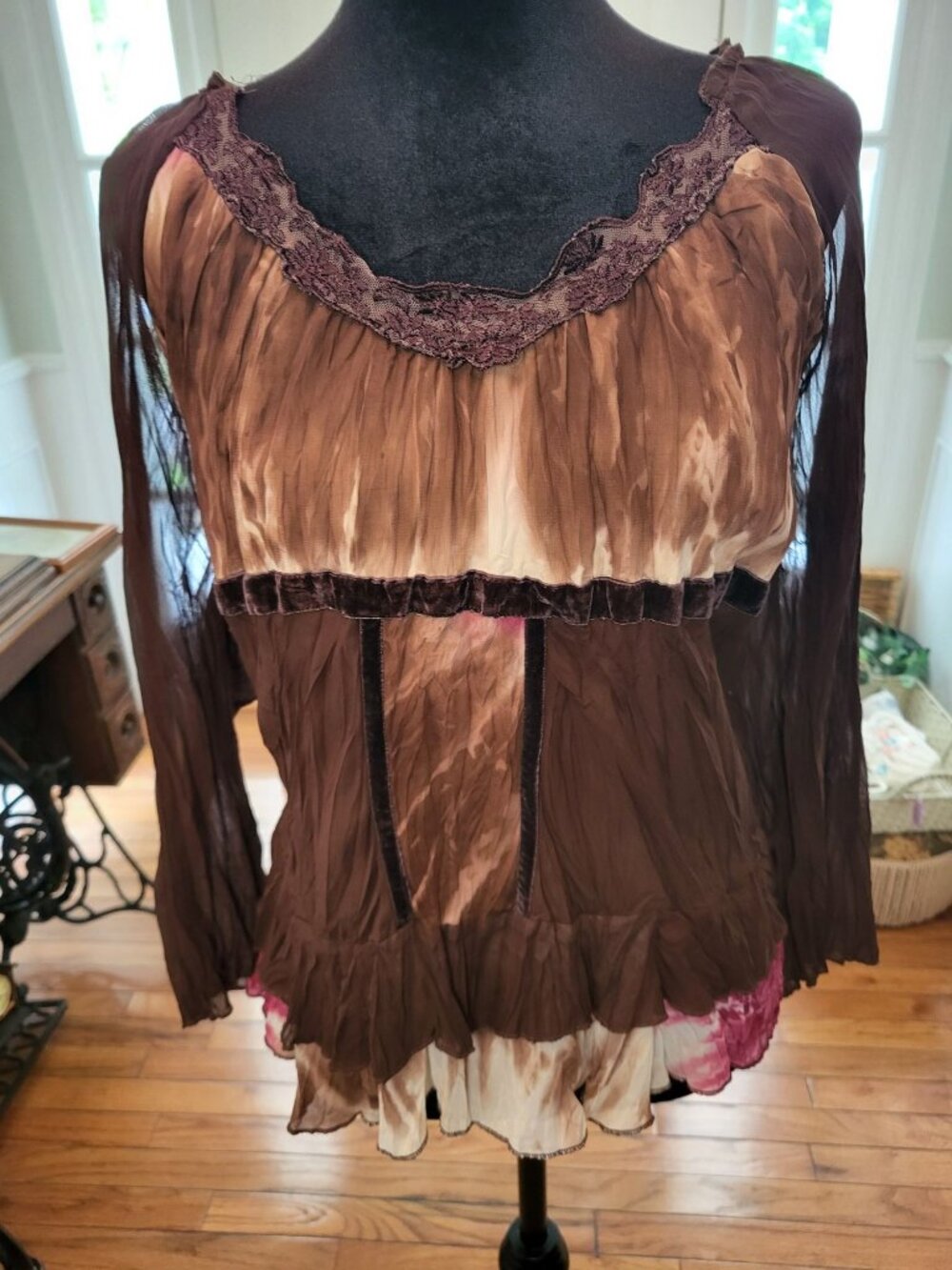 Brown Pink Tye Dye Babydoll Milkmaid Top XL Boho Grunge Fairy Festival Hippie